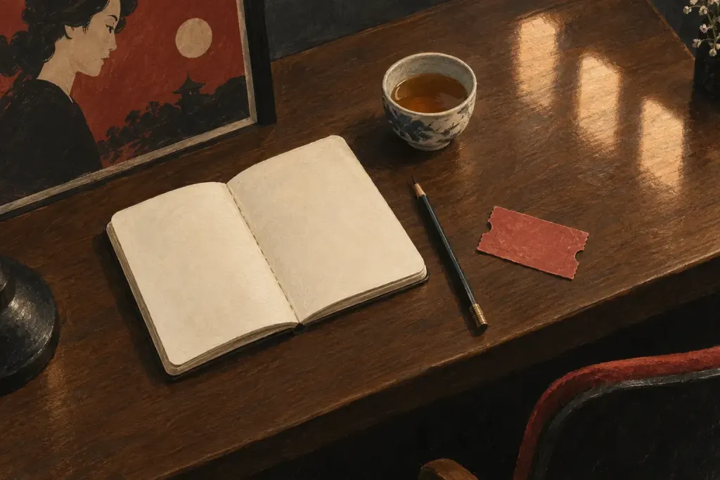 白いノート、鉛筆、無地の映画チケットとお茶を机に置いた、鑑賞後をイメージしたイラスト。