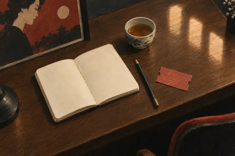 白いノート、鉛筆、無地の映画チケットとお茶を机に置いた、鑑賞後をイメージしたイラスト。