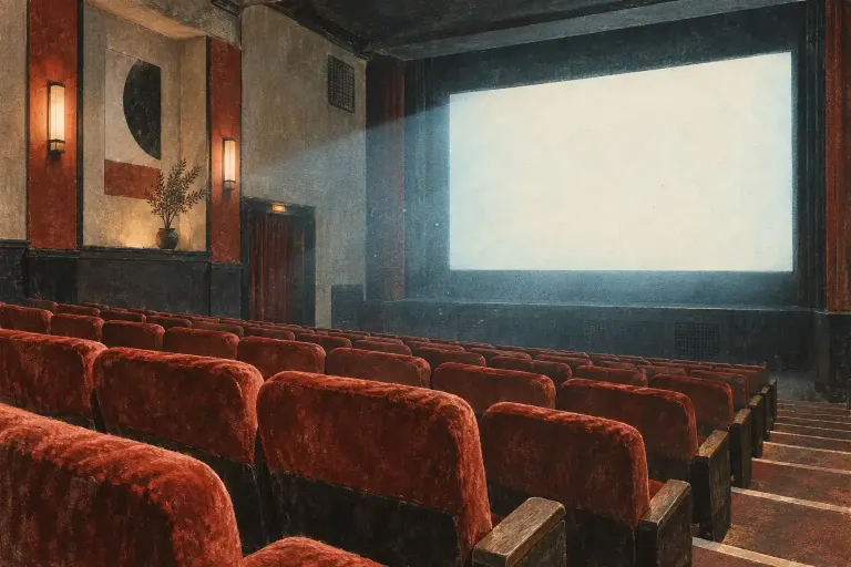 空のスクリーンと赤茶色の座席を描いた、架空の小さな映画館のイラスト。