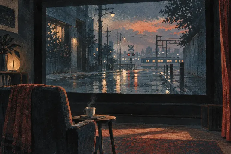 窓の向こうの雨上がりの街と遠い電車を描いた、映画の音を考えるためのイラスト。
