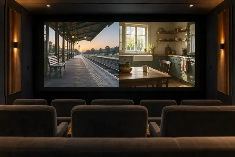 二つの異なる場面を左右に映したスクリーンのある小さな映画館のイメージ。